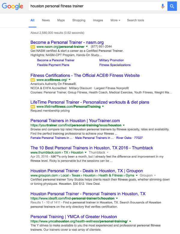 Google Search Houston Personal Fitness Trainer